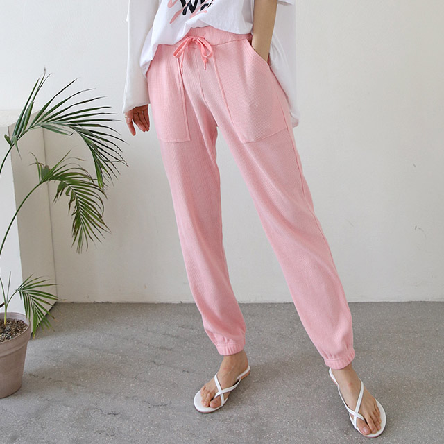 여자 봄 여름 편한 바지 와플 포켓 조거 핑크 트레이닝 밴딩팬츠 F,XL