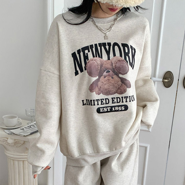 특기모 박스핏 뉴욕 곰 프린트 라운드 맨투맨 겨울 티셔츠 시밀러룩 남녀공용