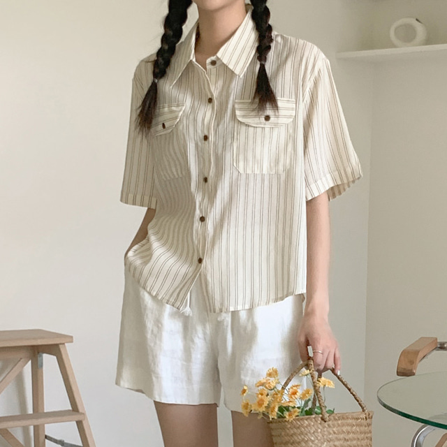 쿨한 두줄 스트라이프 포켓 카라 반팔 여성 여름 셔츠 남방