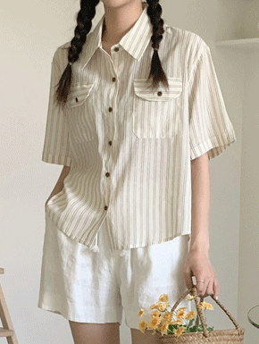 쿨한 두줄 스트라이프 포켓 카라 반팔 여성 여름 셔츠 남방