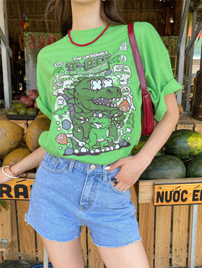 공룡 캐릭터 프린트 박스핏 여성 여름 반팔 티셔츠